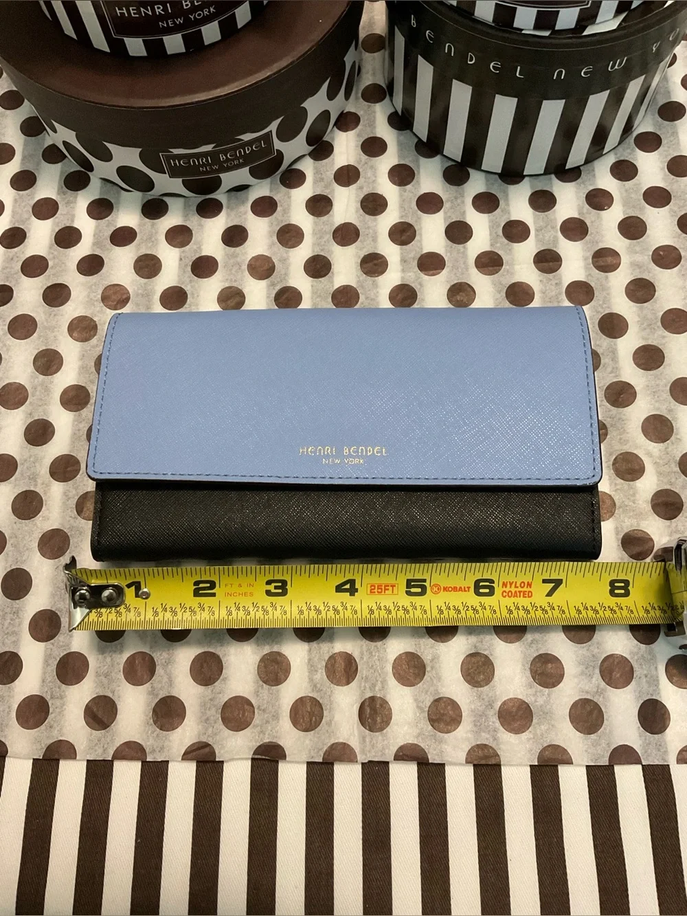 Henri Bendel West 57th Trifold Wallet Light Blue, Black and Olive w Dust Bag